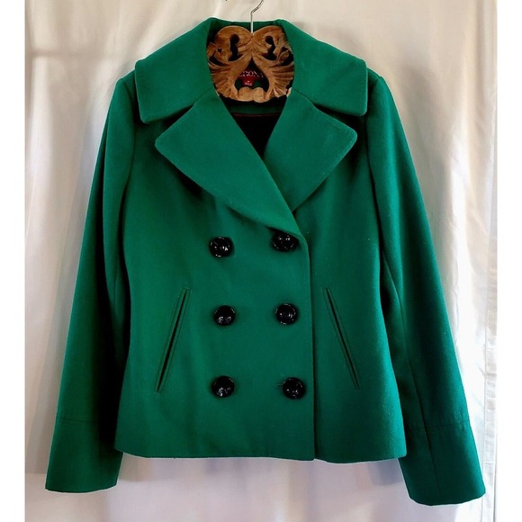 Merona Bright Green Double Breasted Jacket Peacoat Women's M Wool Coat Lined - Picture 1 of 3